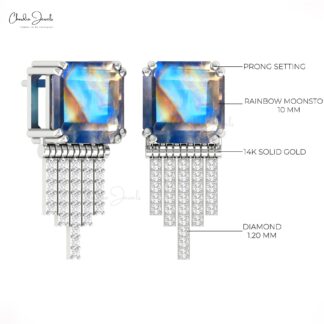 Drop Diamond Earrings With 10mm Rainbow Moonstone Prong Set In 14k Pure Gold Studs