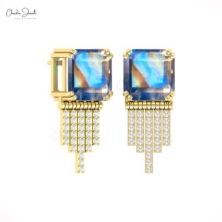 Drop Diamond Earrings With 10mm Rainbow Moonstone Prong Set In 14k Pure Gold Studs