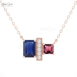 AAA Blue Sapphire Necklace With Pink Tourmaline And Diamond 7 Stone 14k Pure Gold Jewelry