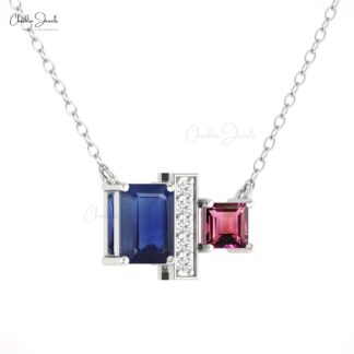 AAA Blue Sapphire Necklace With Pink Tourmaline And Diamond 7 Stone 14k Pure Gold Jewelry