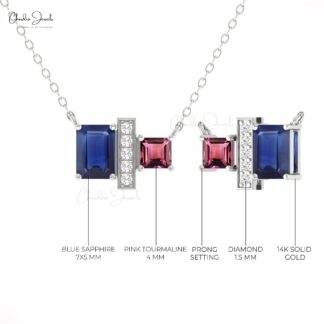 AAA Blue Sapphire Necklace With Pink Tourmaline And Diamond 7 Stone 14k Pure Gold Jewelry