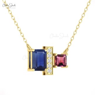 AAA Blue Sapphire Necklace With Pink Tourmaline And Diamond 7 Stone 14k Pure Gold Jewelry