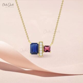 AAA Blue Sapphire Necklace With Pink Tourmaline And Diamond 7 Stone 14k Pure Gold Jewelry