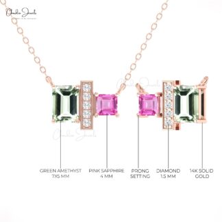 Two Gemstone Chain Necklace In 14k Real Gold Amethyst And Pink Sapphire Diamond Necklace