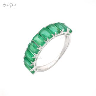 Half Eternity Wedding Band In 14k Real White Gold Zambian Emerald Gemstone Rings