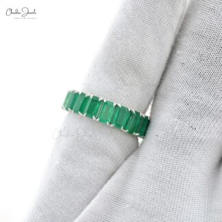 Half Eternity Wedding Band In 14k Real White Gold Zambian Emerald Gemstone Rings