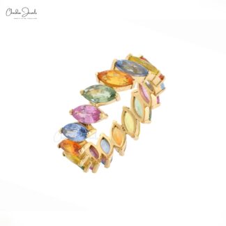 Rainbow Stacking Ring In 14k Pure Yellow Gold Multi Sapphire Marquise Eternity Band Rings
