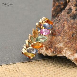 Rainbow Stacking Ring In 14k Pure Yellow Gold Multi Sapphire Marquise Eternity Band Rings