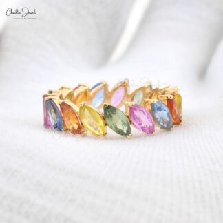 Rainbow Stacking Ring In 14k Pure Yellow Gold Multi Sapphire Marquise Eternity Band Rings