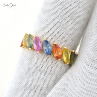 Rainbow Stacking Ring In 14k Pure Yellow Gold Multi Sapphire Marquise Eternity Band Rings