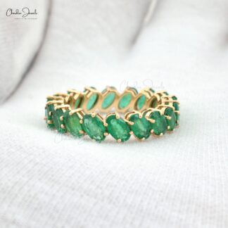 Oval Cut Eternity Band With 5x3mm Emerald May Birthstone 14k Real Yellow Gold Ring
