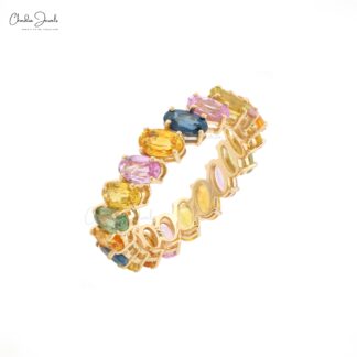 Full Eternity Rainbow Stone Band In 14k Yellow Gold Multi Sapphire 6 Ct Gemstone Stack Ring