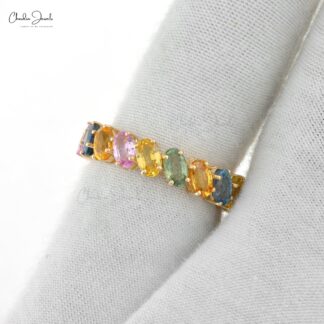 Full Eternity Rainbow Stone Band In 14k Yellow Gold Multi Sapphire 6 Ct Gemstone Stack Ring