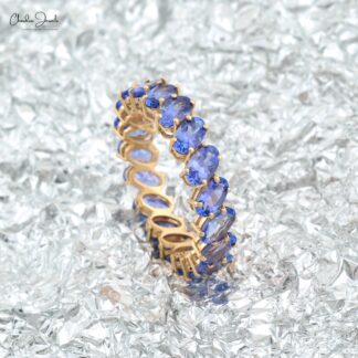Stackable Eternity Ring With 5x3mm Tanzanite Prong Set In 14k Yellow Gold Bridal Band Ring