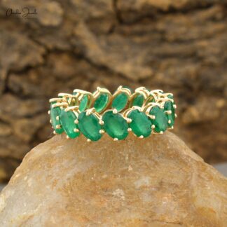 Real 14k Yellow Gold Eternity Ring With 6x4mm Emerald Gemstone Stacking Band Rings