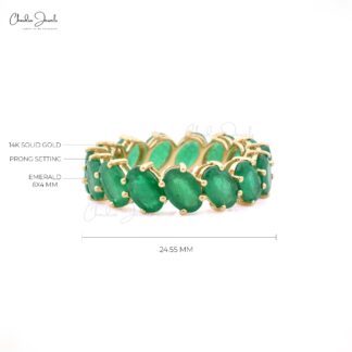 Real 14k Yellow Gold Eternity Ring With 6x4mm Emerald Gemstone Stacking Band Rings