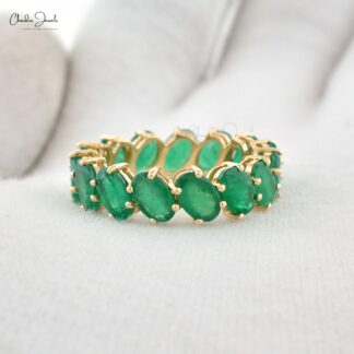 Real 14k Yellow Gold Eternity Ring With 6x4mm Emerald Gemstone Stacking Band Rings