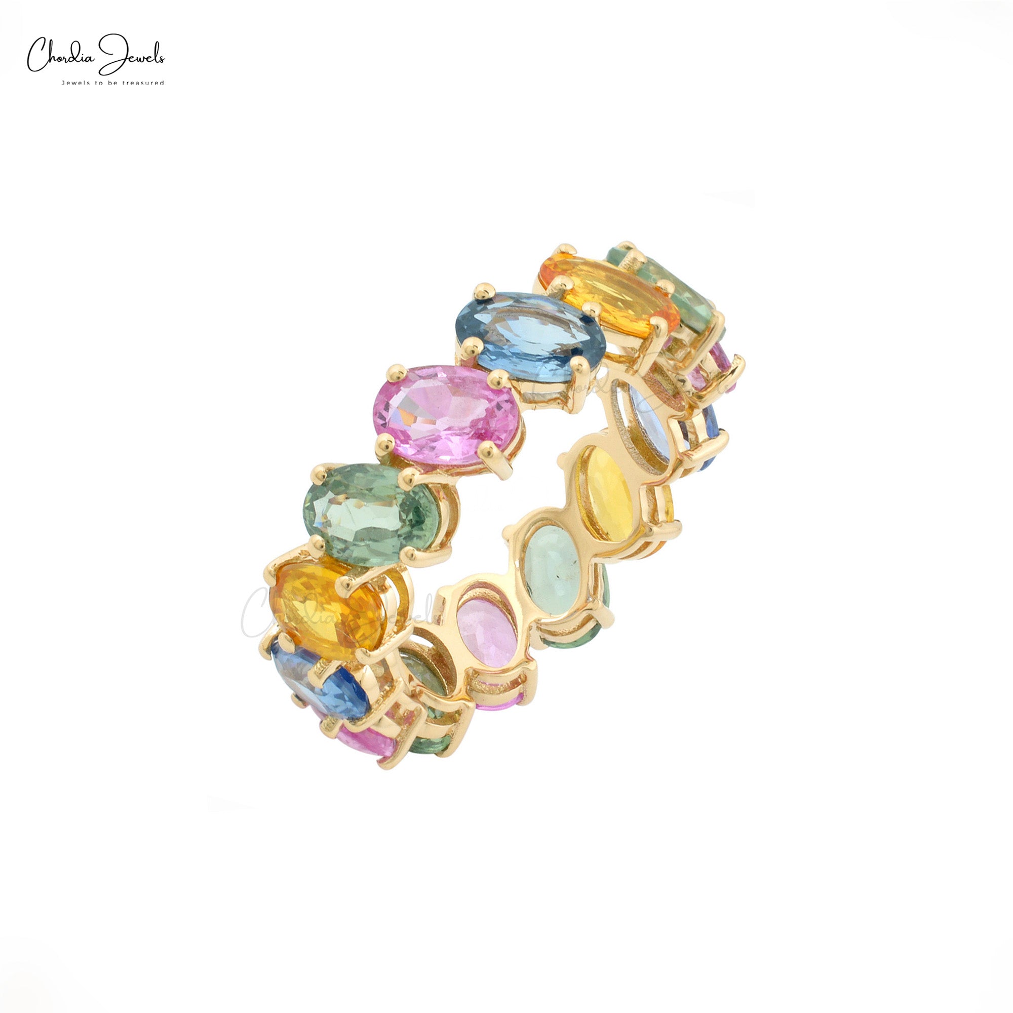 Oval Rainbow Wedding Band In 14k Yellow Gold Multi Sapphire 7.5 Ct Gemstone Ring For Her