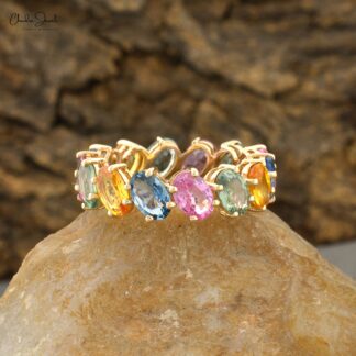Oval Rainbow Wedding Band In 14k Yellow Gold Multi Sapphire 7.5 Ct Gemstone Ring For Her