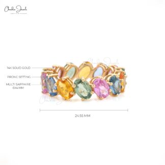 Oval Rainbow Wedding Band In 14k Yellow Gold Multi Sapphire 7.5 Ct Gemstone Ring For Her