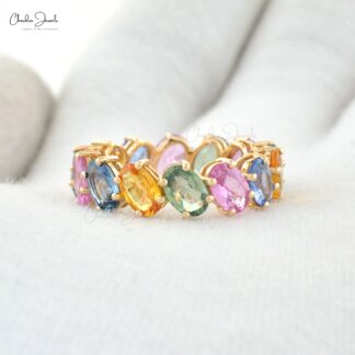 Oval Rainbow Wedding Band In 14k Yellow Gold Multi Sapphire 7.5 Ct Gemstone Ring For Her