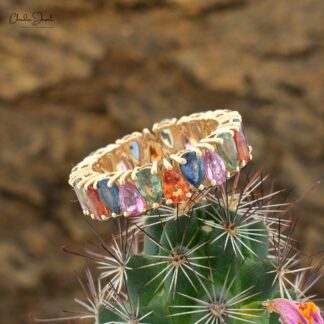 Gemstone Promise Ring In 6.04 Ct Rainbow Multi Sapphire 14k Yellow Gold Eternity Bands