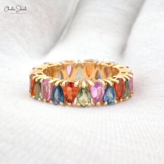 Gemstone Promise Ring In 6.04 Ct Rainbow Multi Sapphire 14k Yellow Gold Eternity Bands