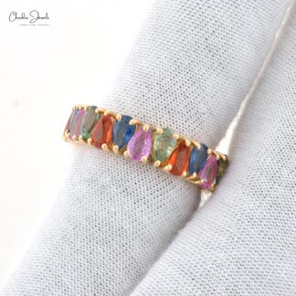 Gemstone Promise Ring In 6.04 Ct Rainbow Multi Sapphire 14k Yellow Gold Eternity Bands