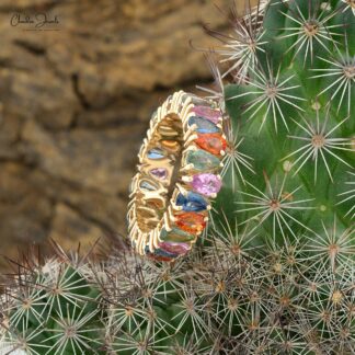 Gemstone Promise Ring In 6.04 Ct Rainbow Multi Sapphire 14k Yellow Gold Eternity Bands