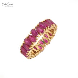 Full Eternity Wedding Band With 5x3mm Burma Ruby Prong Set In 14k Real Yellow Gold Ring