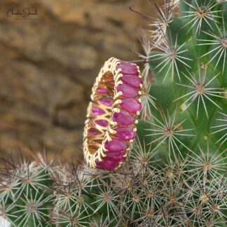 Full Eternity Wedding Band With 5x3mm Burma Ruby Prong Set In 14k Real Yellow Gold Ring