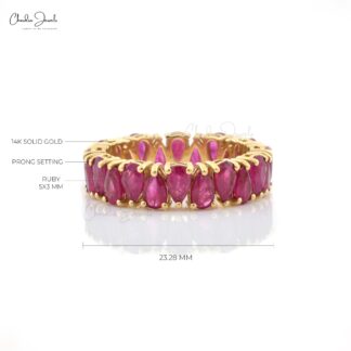 Full Eternity Wedding Band With 5x3mm Burma Ruby Prong Set In 14k Real Yellow Gold Ring