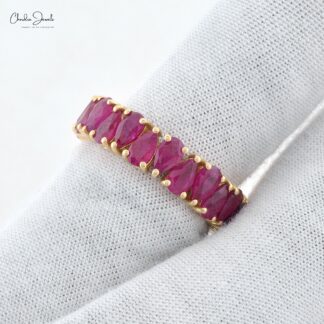 Full Eternity Wedding Band With 5x3mm Burma Ruby Prong Set In 14k Real Yellow Gold Ring