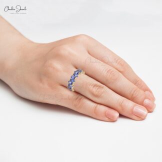 Eternity Band Ring In 14K Yellow Gold Genuine Tanzanite Gemstone Stackable Wedding Ring