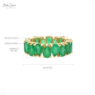 Natural Emerald Full Eternity Ring In 14k Yellow Gold Pear Cut Hallmarked Fine Jewelry