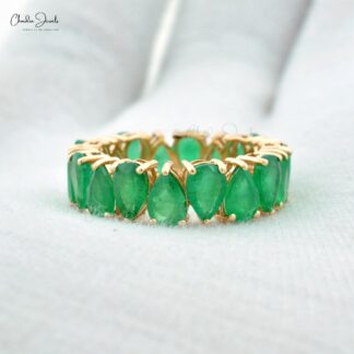Natural Emerald Full Eternity Ring In 14k Yellow Gold Pear Cut Hallmarked Fine Jewelry