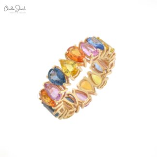 Rainbow Eternity Band In 14k Yellow Gold Multi Sapphire 6x4mm Pear Cut Gemstone Ring
