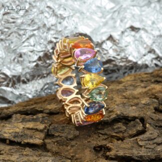 Rainbow Eternity Band In 14k Yellow Gold Multi Sapphire 6x4mm Pear Cut Gemstone Ring