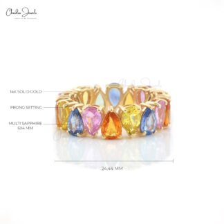 Rainbow Eternity Band In 14k Yellow Gold Multi Sapphire 6x4mm Pear Cut Gemstone Ring