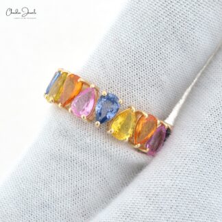 Rainbow Eternity Band In 14k Yellow Gold Multi Sapphire 6x4mm Pear Cut Gemstone Ring