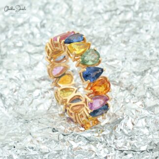 Rainbow Eternity Band In 14k Yellow Gold Multi Sapphire 6x4mm Pear Cut Gemstone Ring