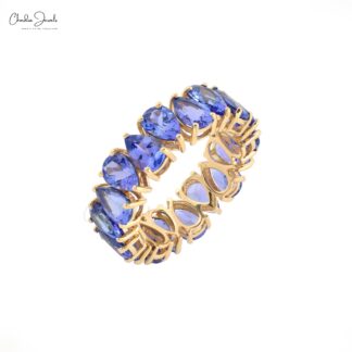 Real 14k Yellow Gold Stack Band With 6x4mm Tanzanite Gemstone Full Eternity Bridal Ring