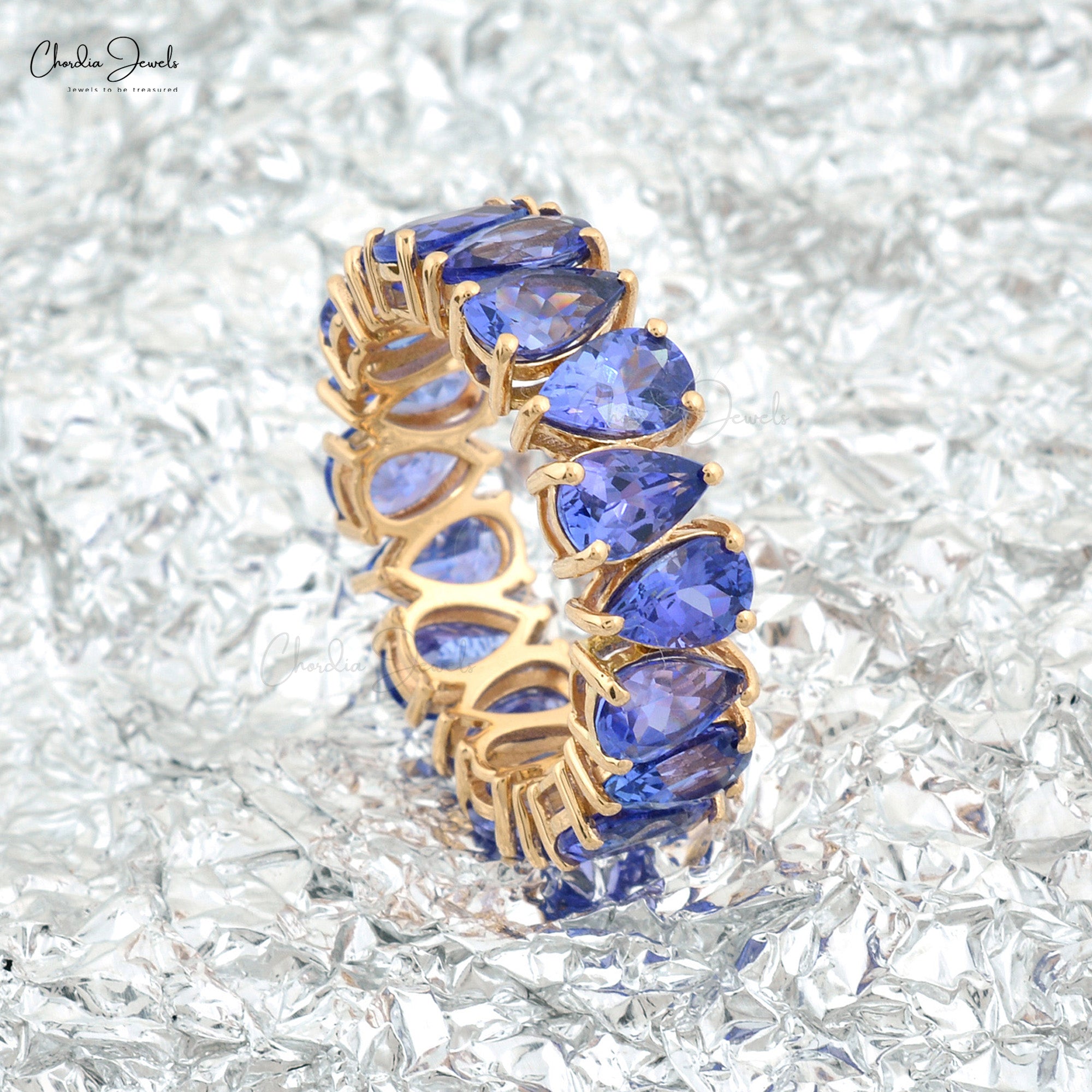 Real 14k Yellow Gold Stack Band With 6x4mm Tanzanite Gemstone Full Eternity Bridal Ring
