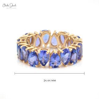 Real 14k Yellow Gold Stack Band With 6x4mm Tanzanite Gemstone Full Eternity Bridal Ring