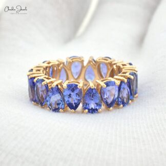 Real 14k Yellow Gold Stack Band With 6x4mm Tanzanite Gemstone Full Eternity Bridal Ring