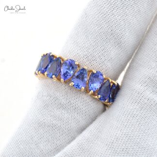 Real 14k Yellow Gold Stack Band With 6x4mm Tanzanite Gemstone Full Eternity Bridal Ring