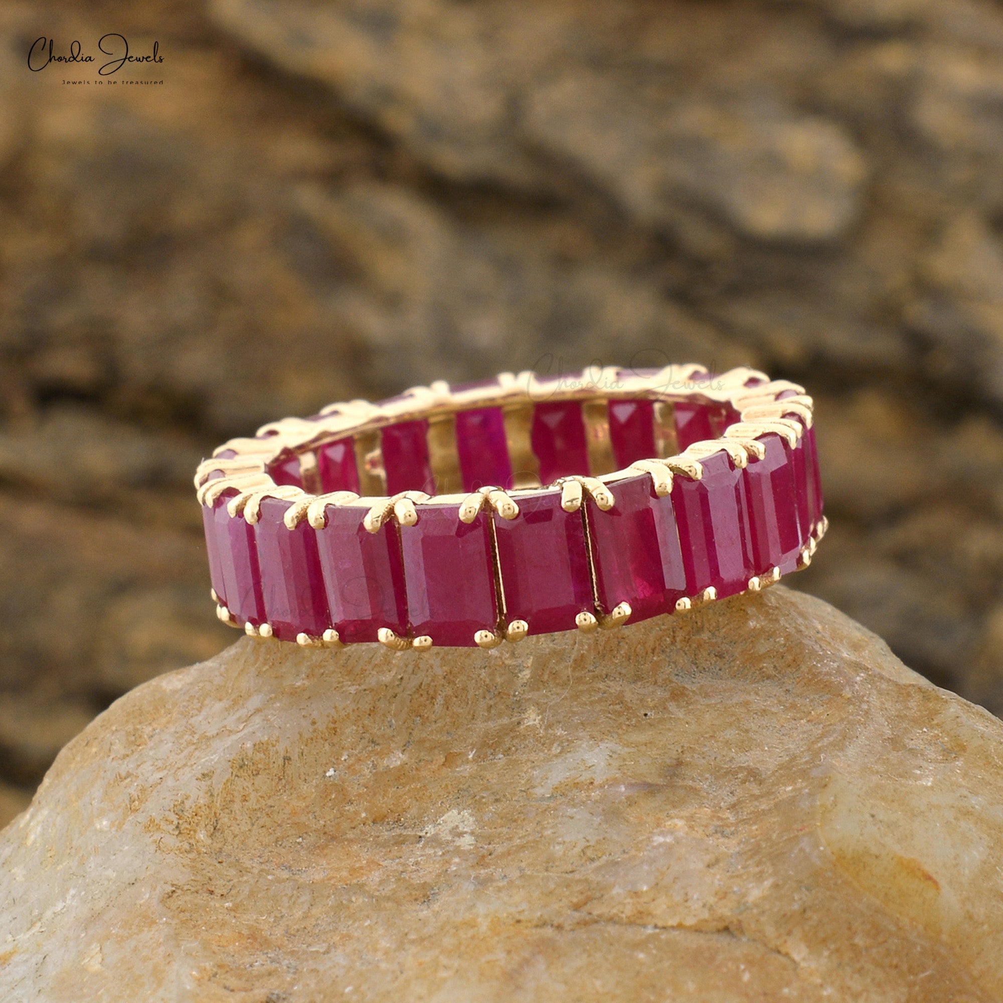 Genuine Ruby Stackable Ring In 14k Yellow Gold Handmade Full Eternity Wedding Band Rings