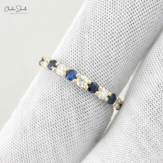 Half Eternity Wedding Ring With 2.5mm Blue Sapphire And Diamond Band In 14k Yellow Gold