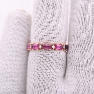 Baguette Stack Band With 1.7 Ct Pink Tourmaline Diamond Eternity Ring In 14k Rose Gold