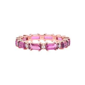 Baguette Stack Band With 1.7 Ct Pink Tourmaline Diamond Eternity Ring In 14k Rose Gold